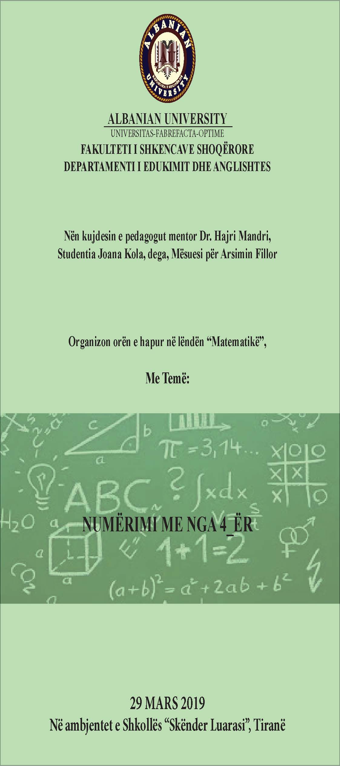 Orë e hapur në lëndën “Matematikë” me temë: NUMËRIMI ME NGA 4-ËR
