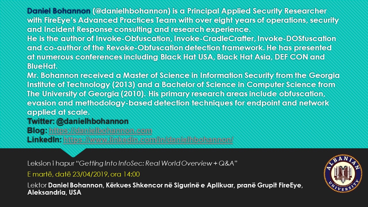 Departamenti i Inxhinierive organizon leksionin e hapur me temë “Getting Into InfoSec: Real World Overview + Q&A”
